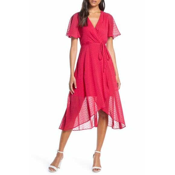 New VINCE CAMUTO Women's Clip Dot Flowy Fit & Flare Party Faux Wrap Midi Dress - Picture 1 of 11